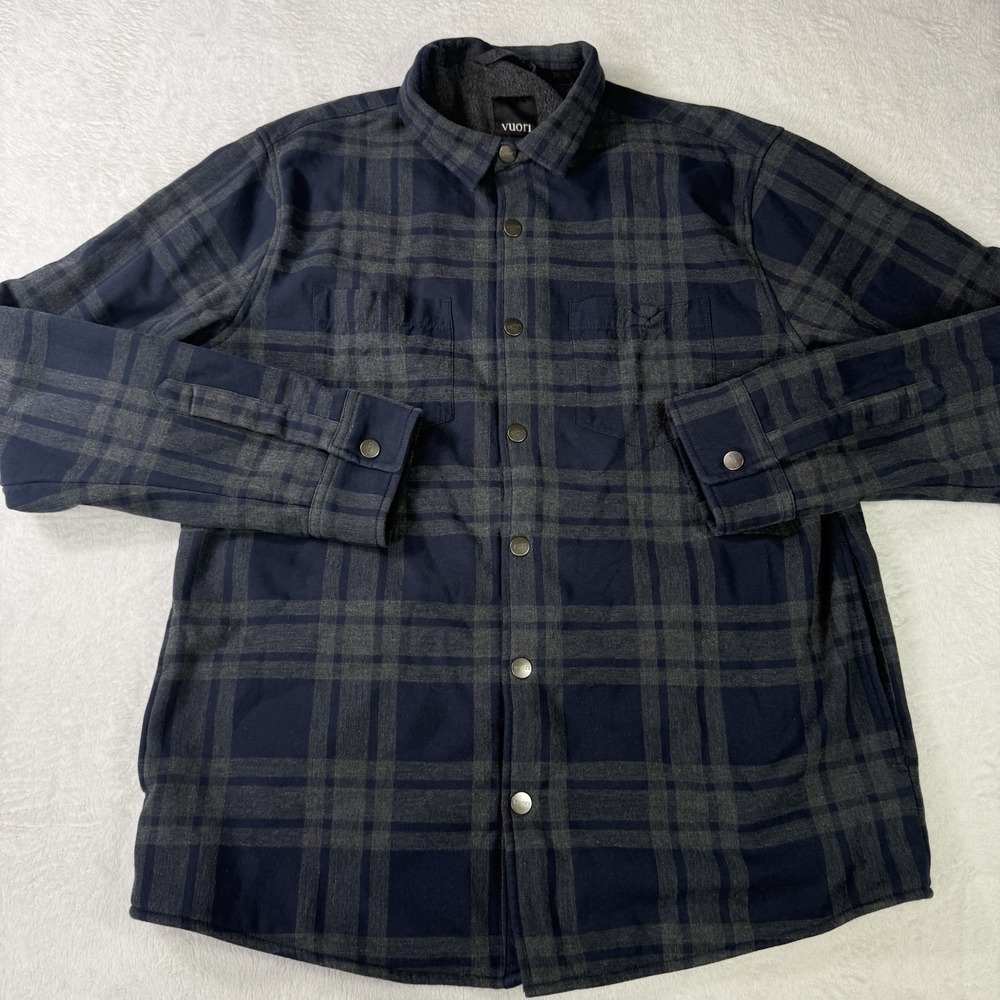 VUORI Men's Large Grey Plaid Cotton Flannel Fleece Lined Back Range Shirt Jacket
